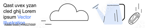 Gardening, eco-friendly practices, agriculture, nature, sustainability, minimalistic design. Line drawing of a cloud, watering can and soil. Gardening and eco-friendly practices