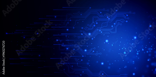 発光するブルーの回路パターンが広がる未来的でデジタル感あふれるテクノロジー背景イラスト素材