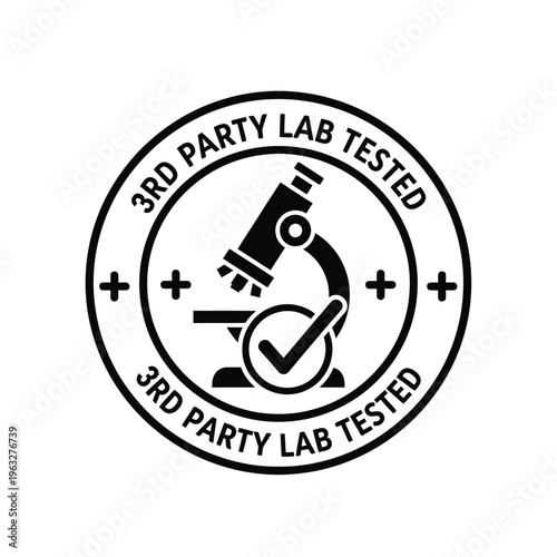 Vector illustration of 3rd party lab tested seal with microscope and checkmark symbol