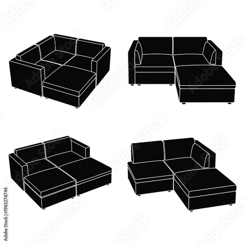 Modular Sectional Sofa Silhouette Set - Vector Illustration of Modern Living Room Furniture Icons