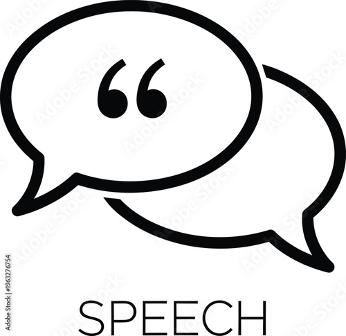 A simple black and white illustration of two speech bubbles with a quotation mark and the word speech