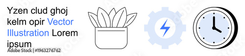 Time management, productivity, workflow, energy efficiency, minimalism, planning. Plant in pot, gear with lightning and clock illustration. Time management and productivity concept