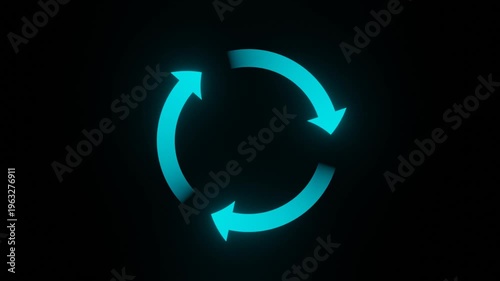 Cyan neon glowing circular arrows rotation cycle seamless loop animation on dark background