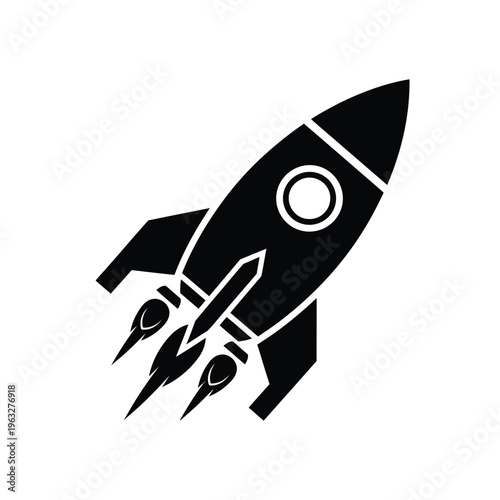 Vector illustration of a black rocket ship blasting off into space with bold lines and shapes