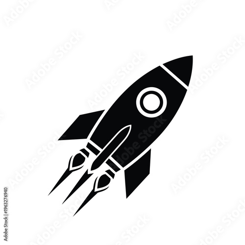 Vector illustration of a black and white rocket ship soaring through space