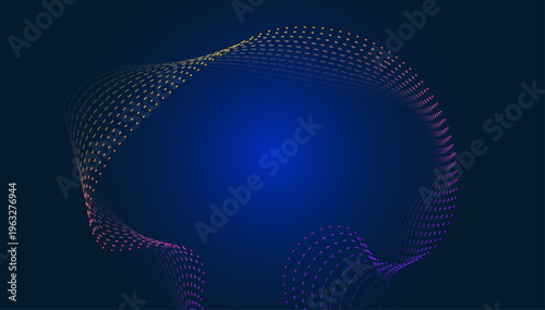 青を基調としたグラデーション背景にカラフルなドットウェーブが流れる未来的テクノロジーイメージのデジタル抽象デザイン素材
