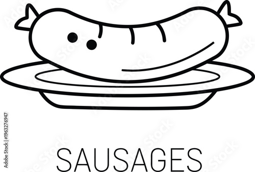 Sausages icon drawin in linear style. Salami for breakfasts and snacks. Contour food emblem for grocery stores, menu, price list and other design needs. Vector line illustration