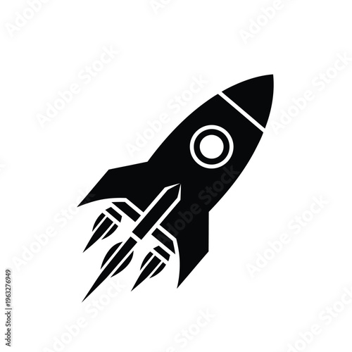 Vector illustration of a black and white rocket ship blasting off into space
