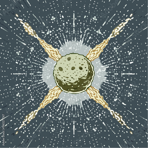 Stylized illustration of a celestial body with four fiery plumes.