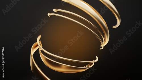 ブラック背景に浮かぶ流動的なゴールドリングと曲線が重なり合う近未来的な高級抽象3Dデザイン、エネルギー感あふれるラグジュアリービジュアル
