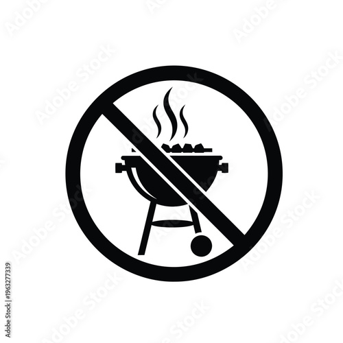 Vector illustration of no barbecue sign with grill and flames in a prohibited symbol
