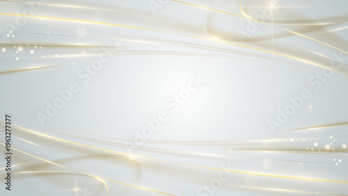 金色の光の流れと輝きが広がる上品な抽象背景、広い余白を活かしたラグジュアリー広告・イベント用デザイン素材