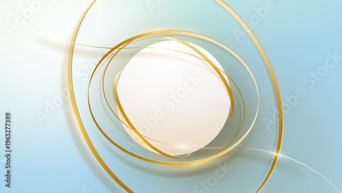 金色の流線リングが浮遊するミニマルで高級感のある抽象背景、中央スペース付きのビジネス・広告用デザインバナー素材