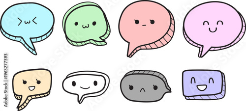 パステルカラーで描かれたかわいい手書き風吹き出しアイコンセット・表情付きでSNSやメッセージデザインに最適なイラスト素材
