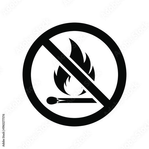 Vector illustration of no fire or flame symbol with a matchstick and flames inside a prohibition sign