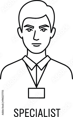 A line drawing of a male specialist with a name tag