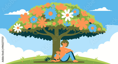 A person sitting under a flowering tree on a sunny day outdoors.