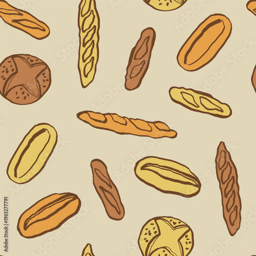 Seamless vector pattern with various types of hand drawn bread in naive style. Doodle background with bread, baguette, loaf. Repeating bakery pattern
