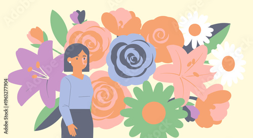 Woman standing beside colorful blooming flowers.