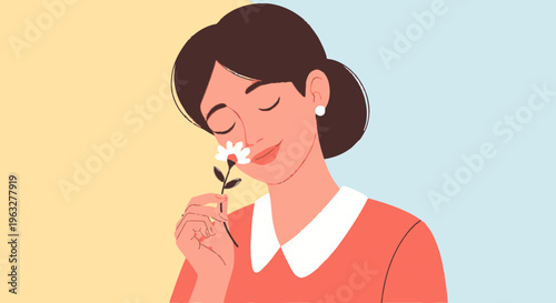 Woman Smelling a White Flower.