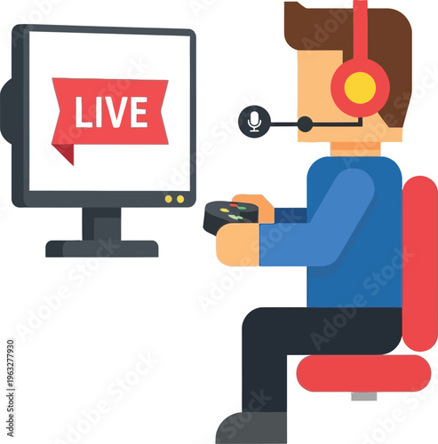 Streamer wearing headset plays video game with controller from a comfortable.