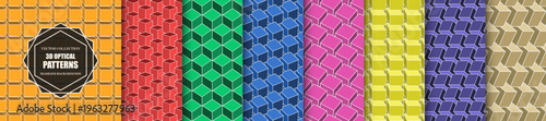 Collection of bright colorful seamless geometric 3d cubes patterns. Isometric structure repeatable vector decorative modern backgrounds. Artwork digital design