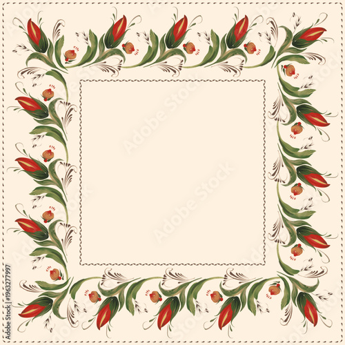 Vector floral seamless border patterns from hand painted red flowers on a beige background. 3 pattern brushes in the brush palette