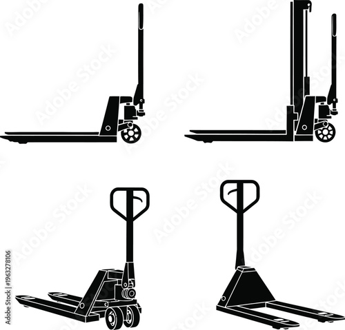 Manual Hand Pallet Jack and Stacker Vector Silhouettes Set for Warehouse and Logistics Equipment