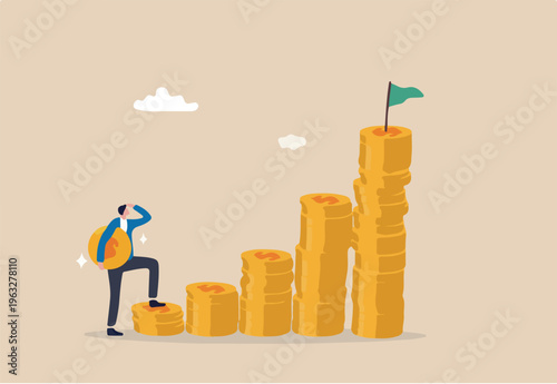 Start invest in stock market, begin savings to achieve financial goal, power of compound interest, collecting wealth, young adult office man carrying money coin start step on compound money stack