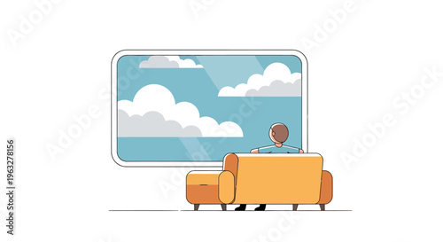 Person Sitting on a Sofa Looking Out a Large Window at a Blue Sky with Clouds