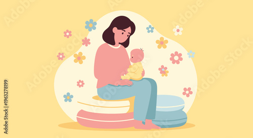 A woman breastfeeding a baby surrounded by flowers.