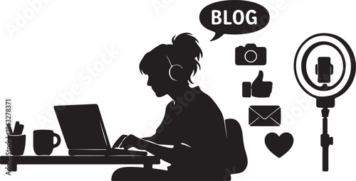 Young woman creating content on her laptop for a blog