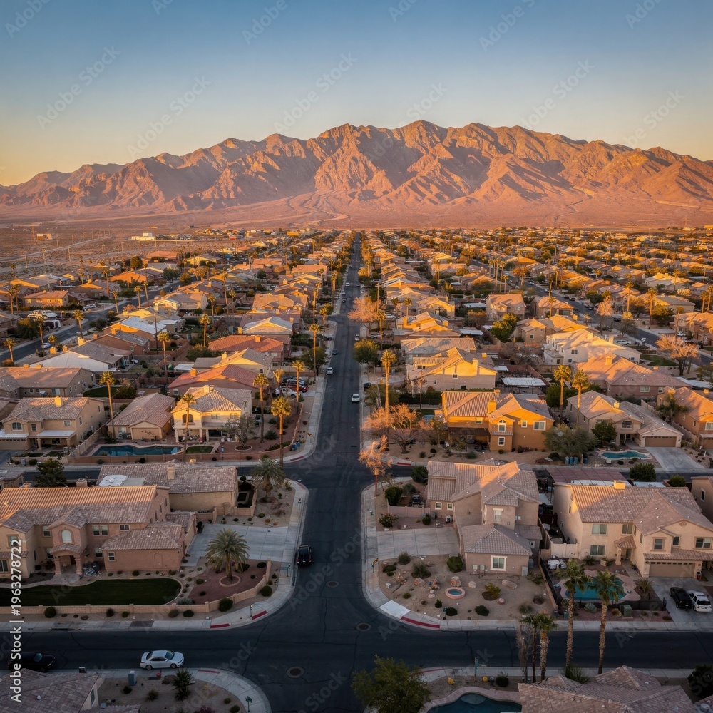 Obraz premium aerial view of suburban neighborhood with mountain range
