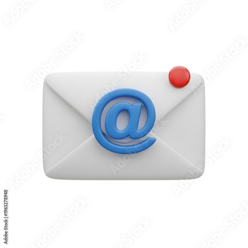 A 3D Render of a White Envelope with Blue Email Symbol & Small Red Notification Dot Isolated on a White Background