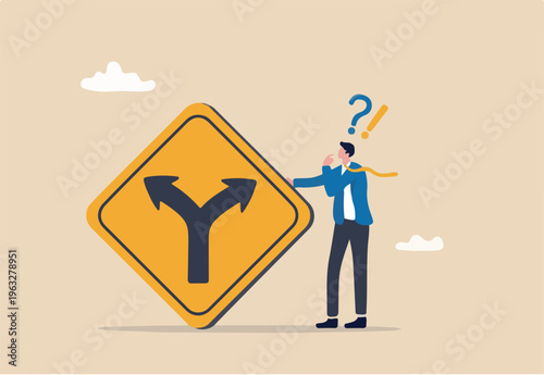 Decision to choose pathway, alternative or choice, deciding career path, determination or thinking to find solution concept, contemplation businessman thinking which way to go on folk road sign
