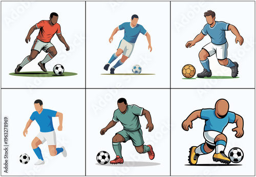 International Soccer Players Dribbling Ball Flat Illustration Set Football Tournament Athlete Vector