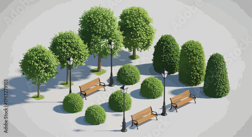 Isometric Park Elements Vector Set with Trees, Bushes, Benches, and Streetlights