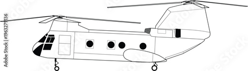 US Military Cargo Helicopter CH‑46 Sea Knight Tandem Rotor Aircraft Side View Vector Illustration Graphic
