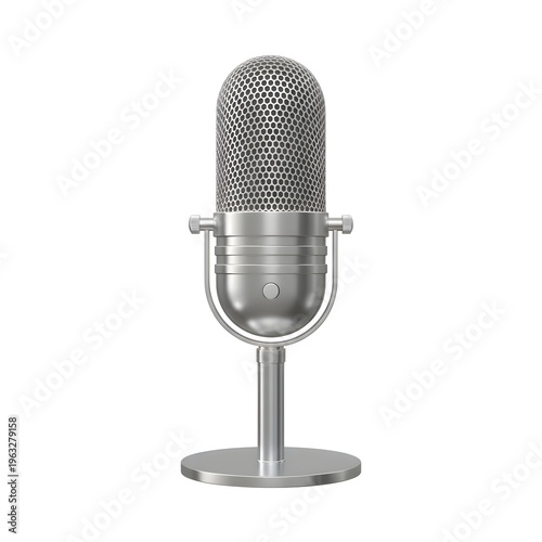 Silver Microphone Podcast Recording Music Voice Audio 3D Cartoon Illustration Isolated on White Background