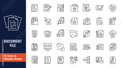 Document file icon set. Icons related to File, paper, report, form, record, text, note, page, letter, contract and more. Outline icon with Editable stroke. Vector illustration