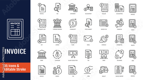 Invoice and billing icon set. Icons related to receipt, tax, and transaction symbols. Outline icon with Editable stroke. Vector illustration