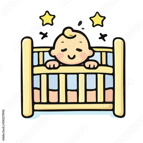Cute baby standing in a crib, ready to sleep.
