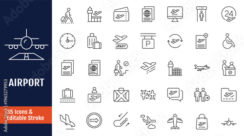 Airport Icons set. Icons related to plane, pilot, air hostess, satelite, departure. Outline icon with Editable stroke. Vector illustration