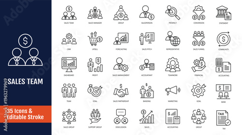 Sales team icon set. Icons related to sales person, marketing, prospect, conversion, sales report, funnel, lead generation, and more. Outline icon with Editable stroke. Vector illustration