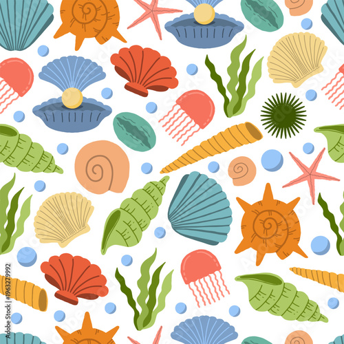 Seamless pattern of colorful hand drawn sea shells and marine life vector. Whimsical ocean theme repeat background with shells, jellyfish, and starfish, pearl clams and seaweed
