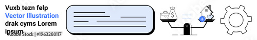 Balance scale comparing money bag and house, minimalist text box, and gear symbolizing finance, decision-making, and planning. Ideal for finance strategy, budgeting, housing, business optimization