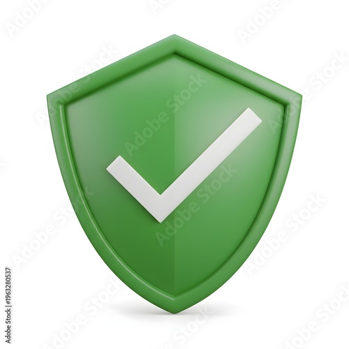 Green Shield Checkmark Security Verified Protection 3D Cartoon Illustration Isolated on White Background