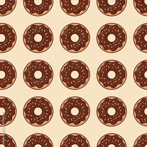 Chocolate Donut. Seamless Pattern. Pixel Art Style. Sprinkles Texture. Background.