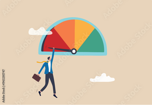 Poor performance employee, bad rating evaluation, credit score, assessment, performance review, failure worker or credit score concept, sweat frustrated businessman hold tight on performance gauge