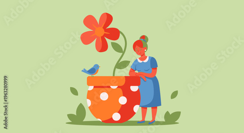 Woman tending to a potted plant with a flower.